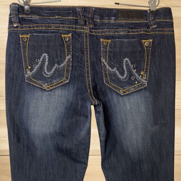 Slim Boot Low Rise Jeans Dark Wash Women 11/12R Thick Stitch Studs Whiskers Fade - Picture 9 of 16